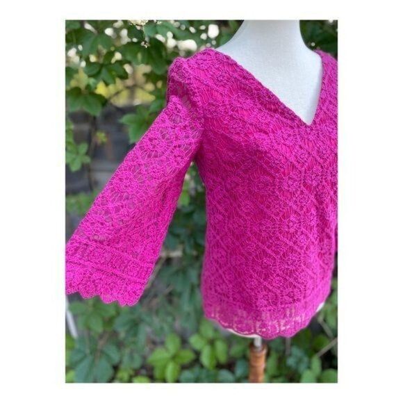 Vintage Crotchet Lace Fuschia Top Shirt 3/4 Sleeve - Picture 3 of 15